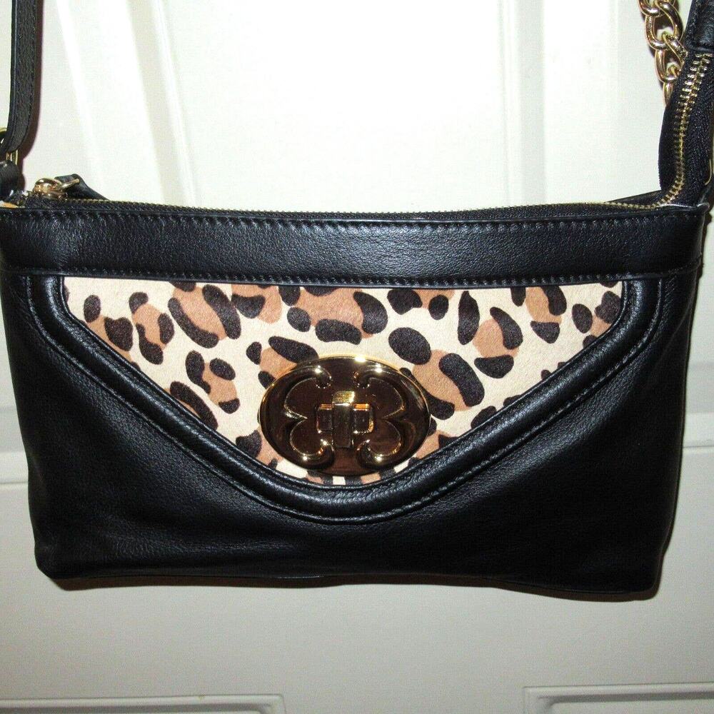 EMMA FOX Women's Black Leather Cheetah Print Calf Hair Crossbody Purse Handbag